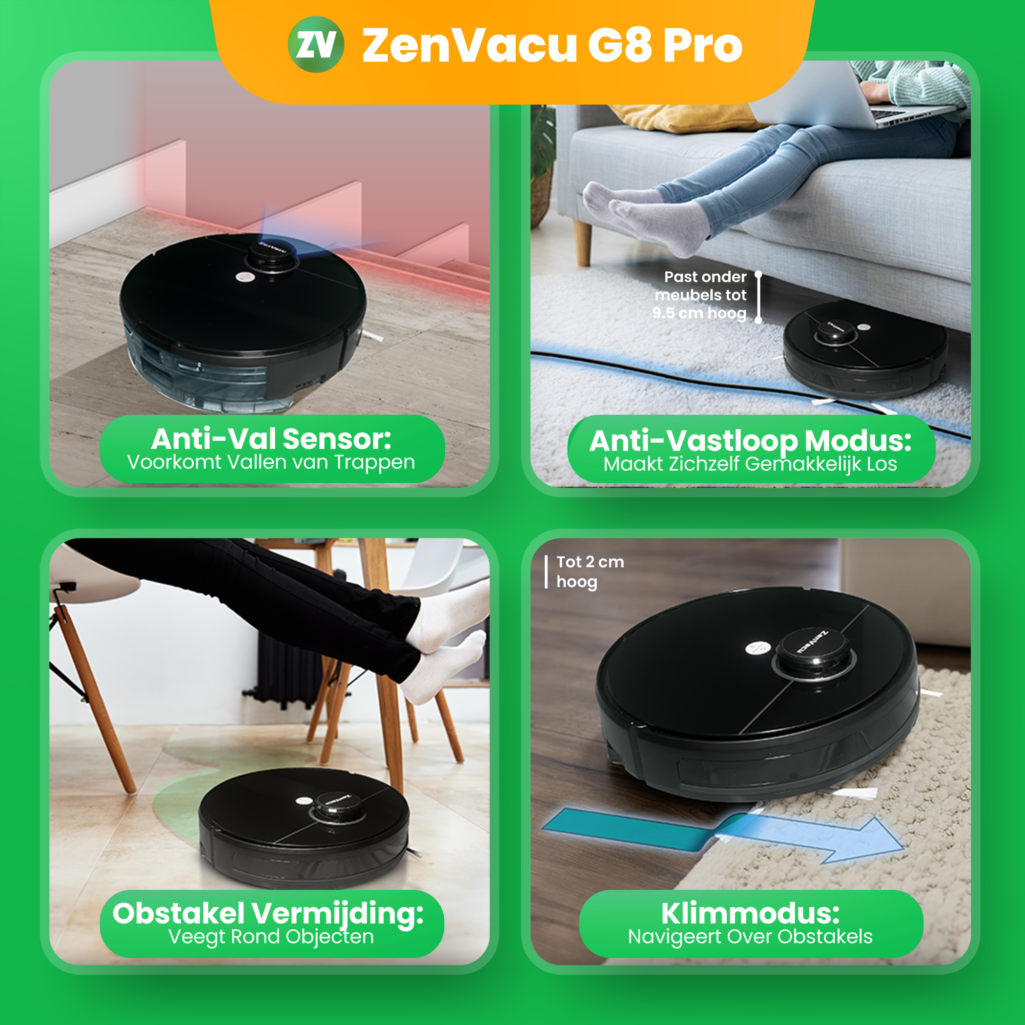 ZenVacu G8 Pro, Veiligheidssystemen, Anti-Val Sensor, Anti-Vastloop Modus, Onstakel Vermijding en Klimmodus