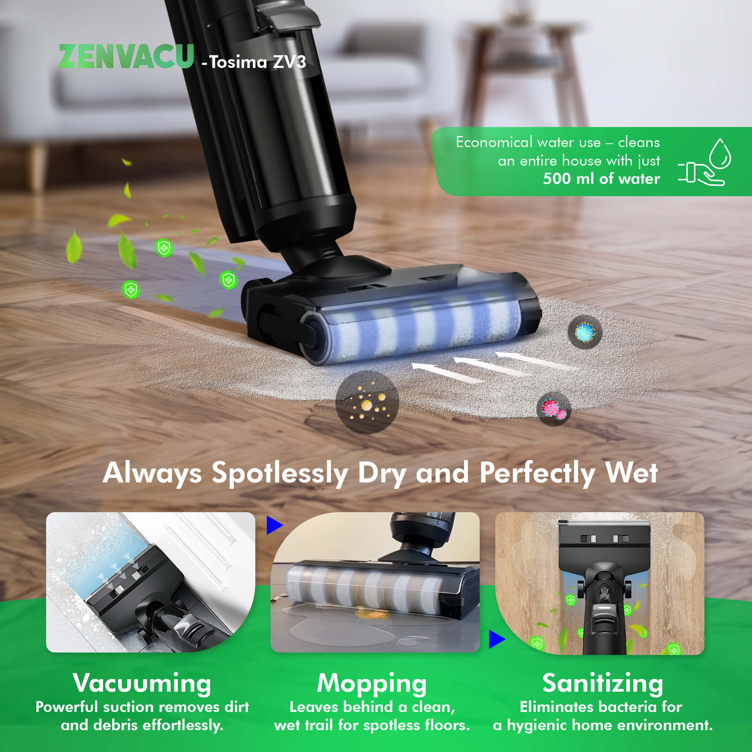 Tosima ZV3 Multi 3-in-1 Stick Vacuum with Mopping - ZenVacu