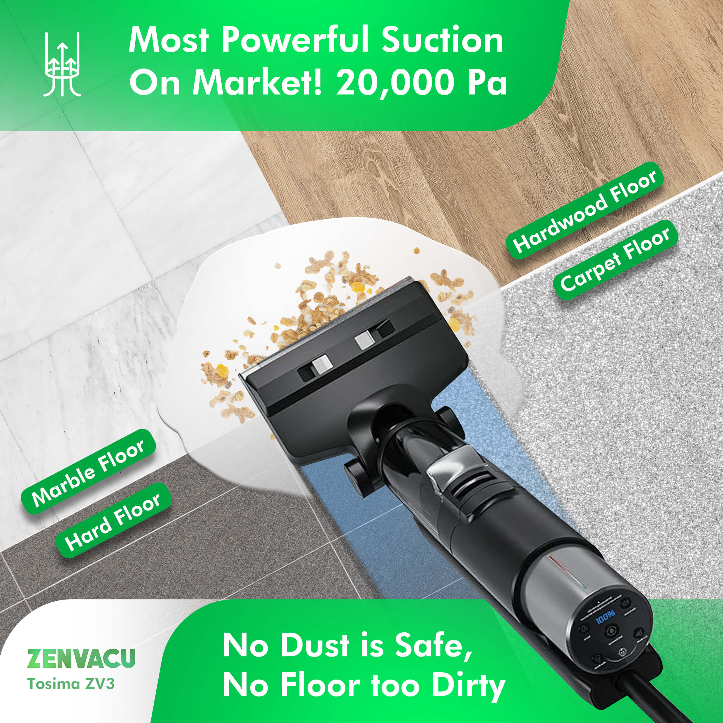 Tosima ZV3 Multi 3-in-1 Stick Vacuum with Mopping - ZenVacu