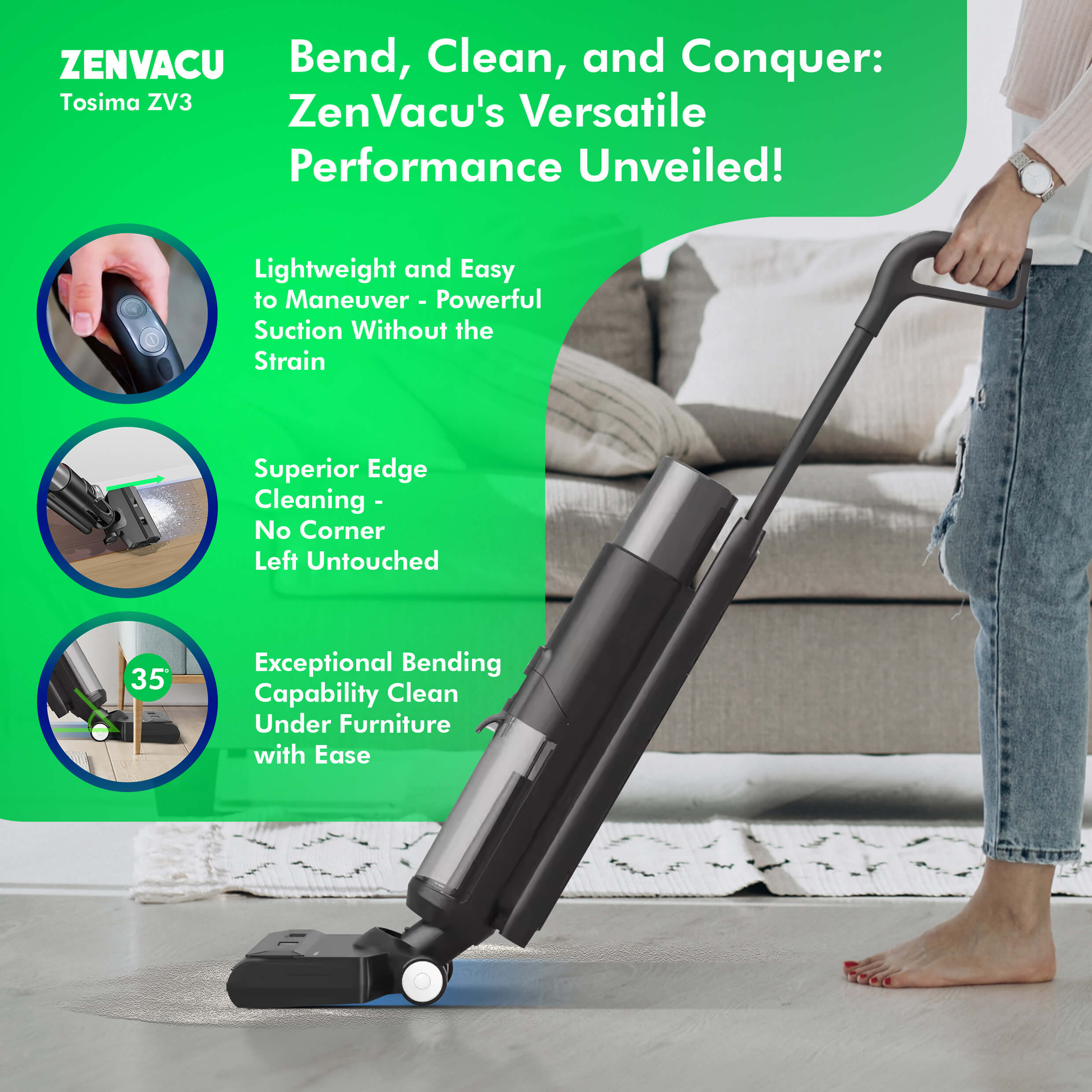 Tosima ZV3 Multi 3-in-1 Stick Vacuum with Mopping - ZenVacu