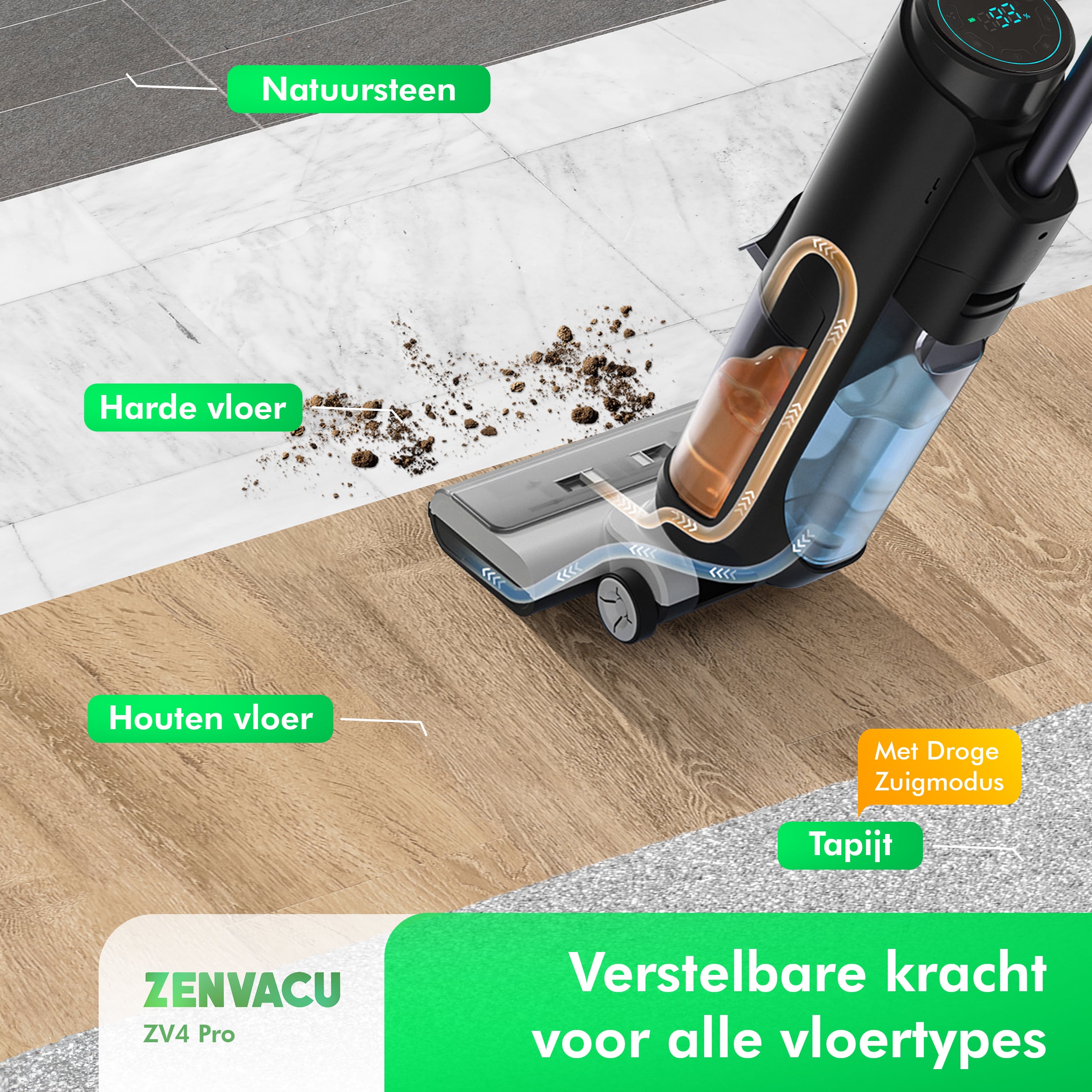 ZenVacu ZV4 Pro Steelstofzuiger met Dweilfunctie